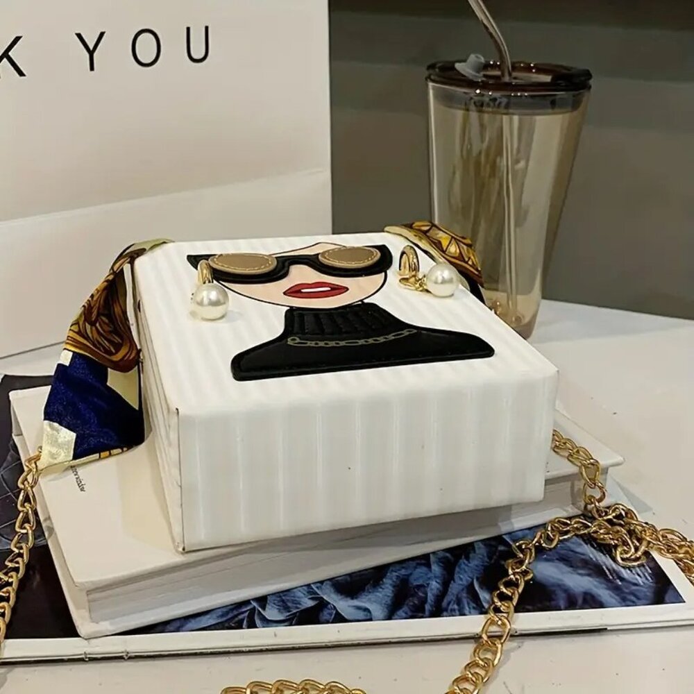 Fashion Lady Face Trendy Box Handbag for Women w/Pearl Earrings, Scarf Handle - Picture 8 of 16